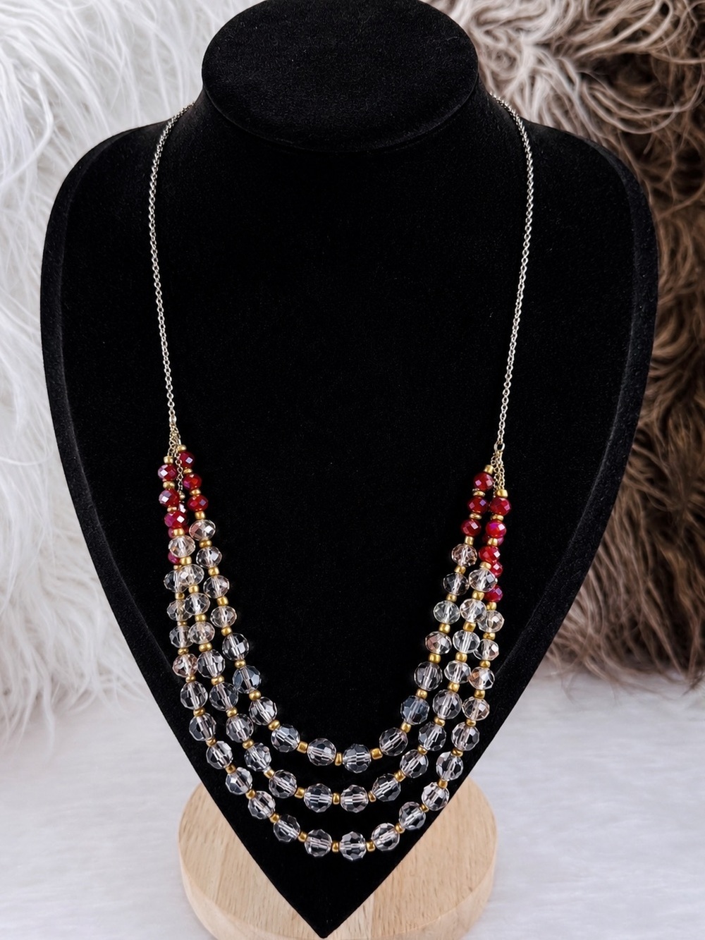 Beautiful Silvertone iridescent, three strand vintage costume necklace